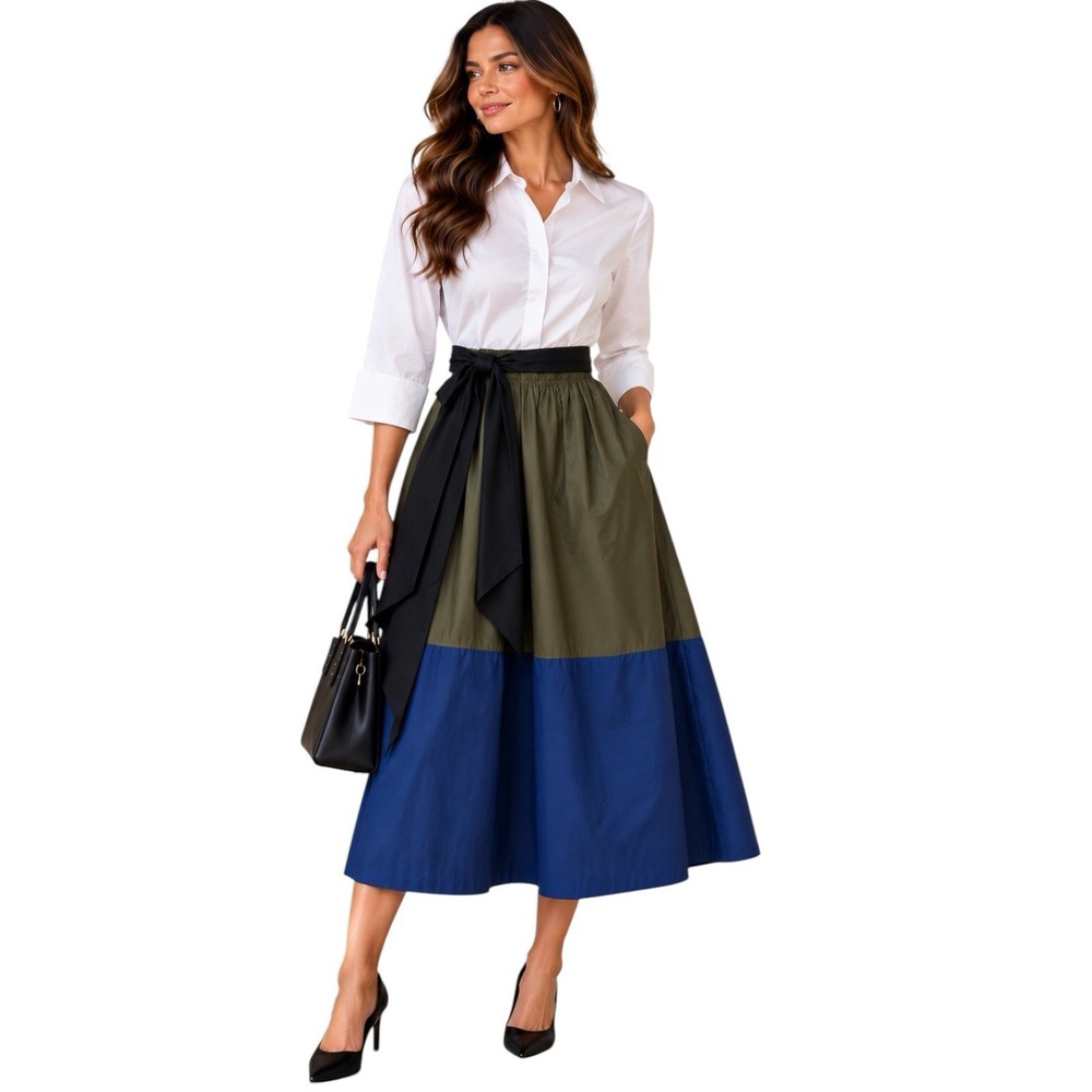 Sara Campbell Colorblock Drop Waist Midi Dress White Olive Navy Size L